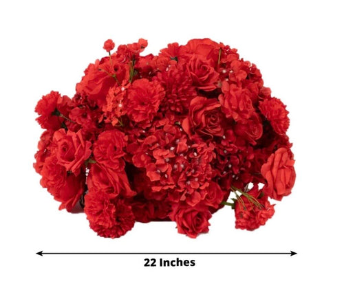 Pre-Arranged Silk Floral Centerpiece in Red, 22 Artificial Rose, Hydrangea & Chrysanthemum Flower Ball Bouquet for Event